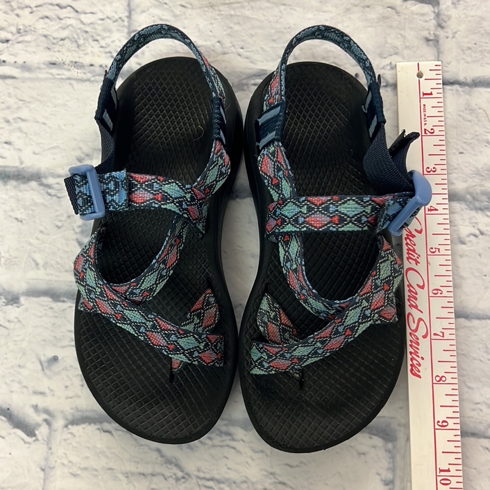 Chaco Women's Black Sandals with Teal and Coral Patterned Straps - Picture 3 of 7